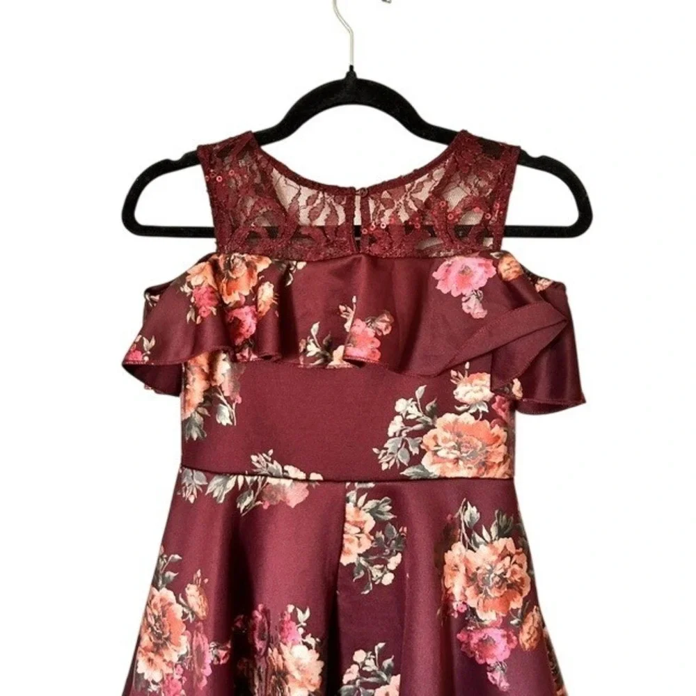 Girls 12 Burgundy Floral Dress Lace Ruffle Fancy Party Twirl Princess Fairytale - Picture 9 of 10